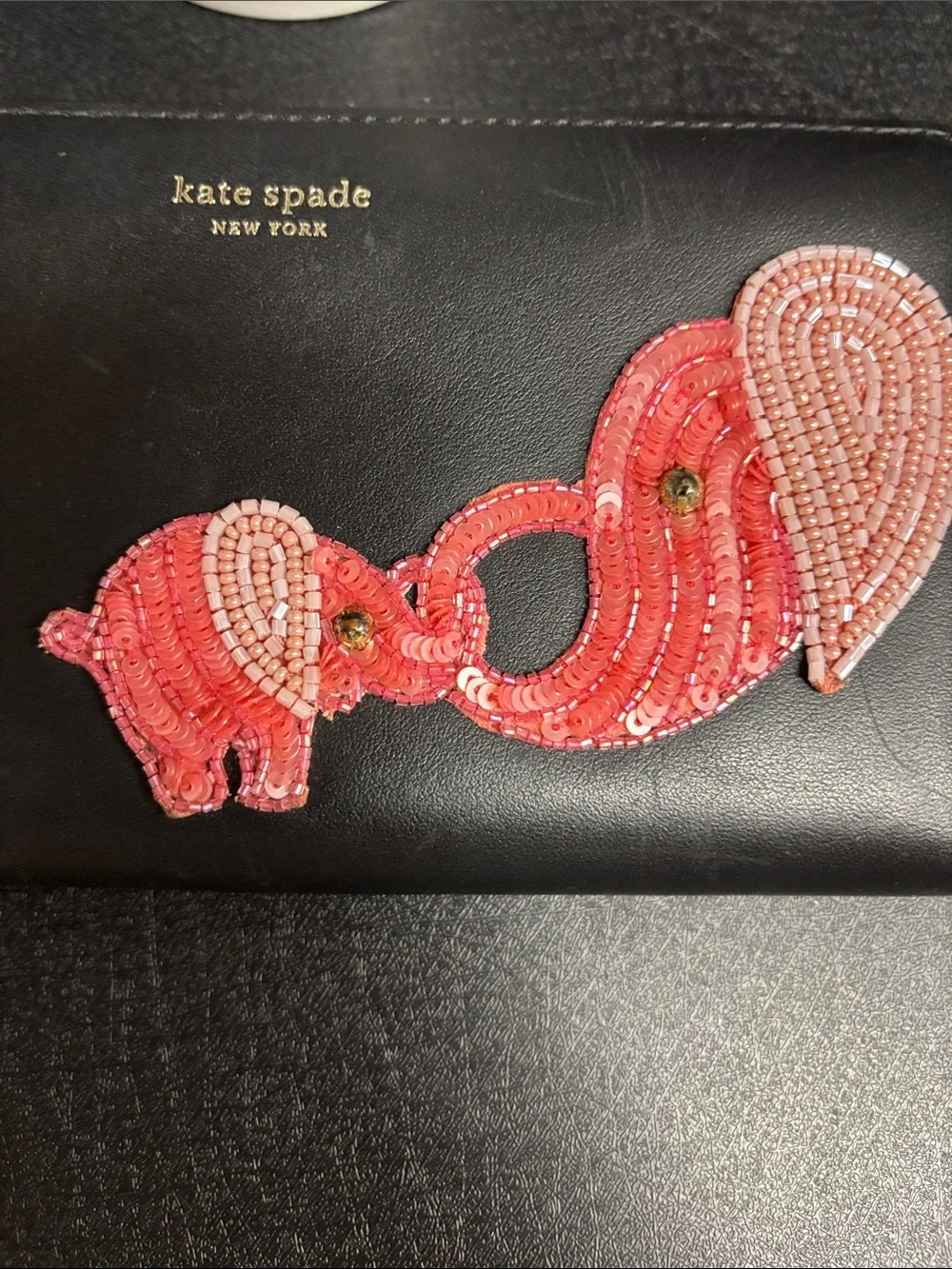 kate spade Black Wallet with Pink Beaded Elephant